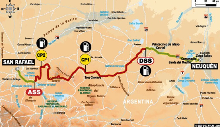 Vorschau Etappe 5: Am Mittwoch geht es von Neuquen nach San Rafael. Nach einer Verbindungsetappe von 173 km folgen 506 km Sonderprüfung und eine weitere Verbindungsetappe von 84 km. Erstmals Dünen!